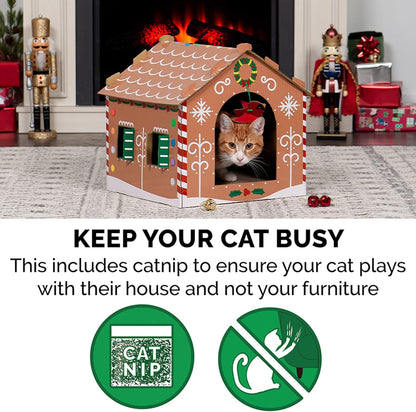 Cardboard Cat House W/ Catnip for Indoor Cats, Ft. Scratching Pad & Hanging Toys - Decorated Gingerbread House Holiday Cat Scratcher Hideout - Christmas Print, One Size