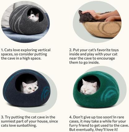 Premium Felt Cat Bed Cave - Handmade 100% Merino Wool Bed for Cats and Kittens (Dark Shades) (Large, Slate Grey)