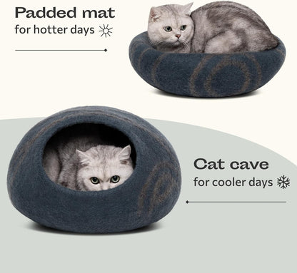 Premium Felt Cat Bed Cave - Handmade 100% Merino Wool Bed for Cats and Kittens (Dark Shades) (Large, Slate Grey)