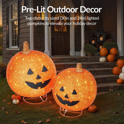 2pc Lighted Pop-Up Outdoor Halloween Holiday Pumpkin Set w/ 130 LED Lights