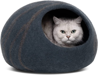 Premium Felt Cat Bed Cave - Handmade 100% Merino Wool Bed for Cats and Kittens (Dark Shades) (Large, Slate Grey)