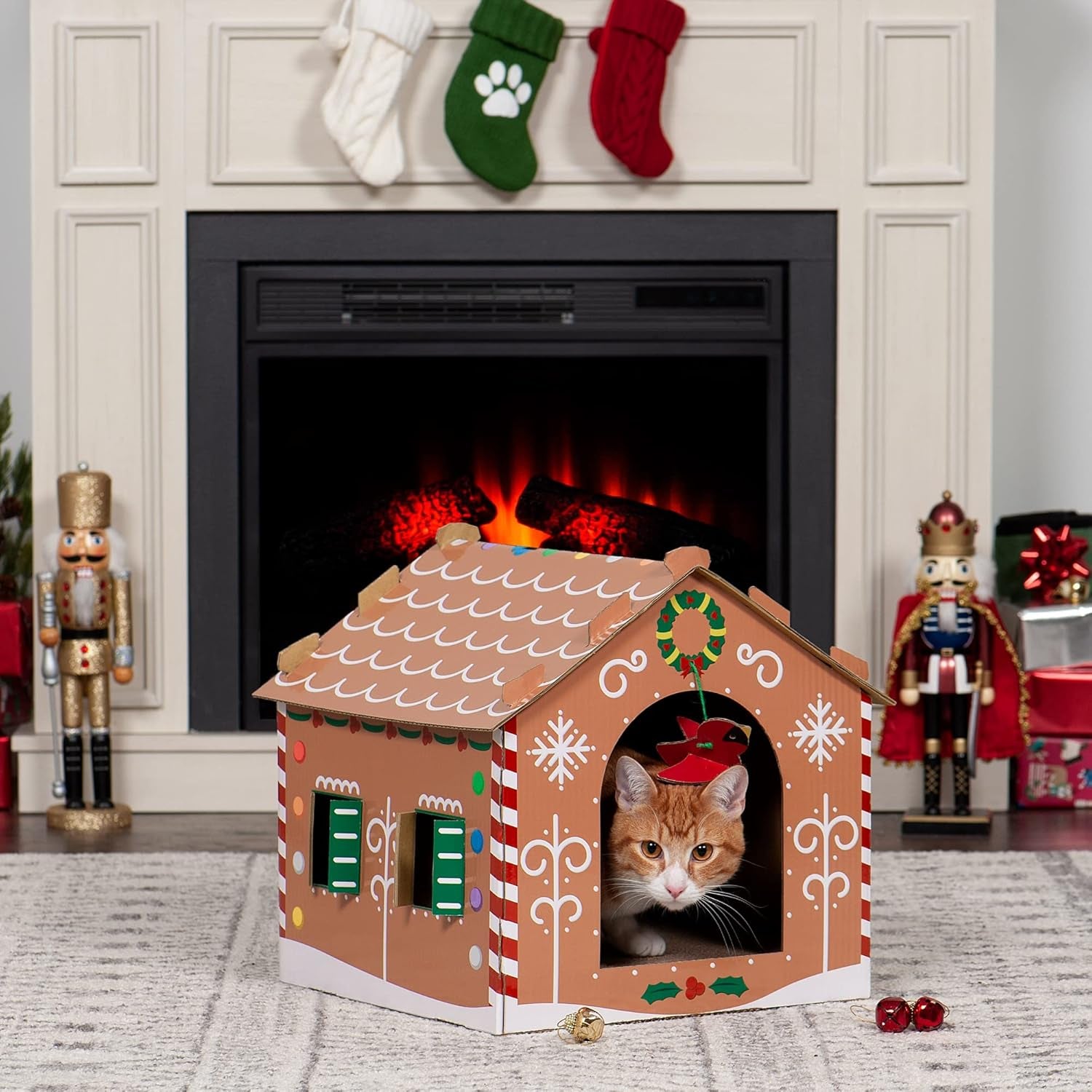 Cardboard Cat House W/ Catnip for Indoor Cats, Ft. Scratching Pad & Hanging Toys - Decorated Gingerbread House Holiday Cat Scratcher Hideout - Christmas Print, One Size