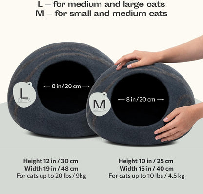 Premium Felt Cat Bed Cave - Handmade 100% Merino Wool Bed for Cats and Kittens (Dark Shades) (Large, Slate Grey)