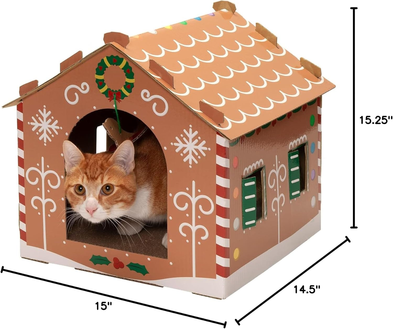 Cardboard Cat House W/ Catnip for Indoor Cats, Ft. Scratching Pad & Hanging Toys - Decorated Gingerbread House Holiday Cat Scratcher Hideout - Christmas Print, One Size