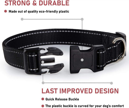 Reflective Dog Collar with Buckle Adjustable Safety Nylon Collars for Small Medium Large Dogs, Black M