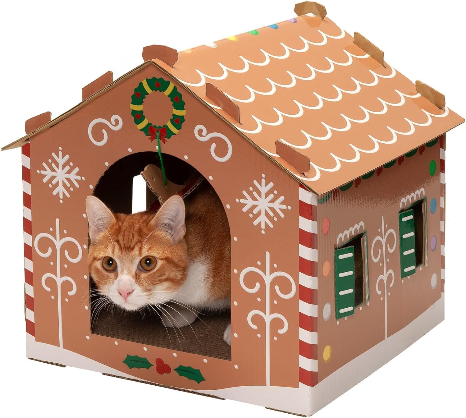 Cardboard Cat House W/ Catnip for Indoor Cats, Ft. Scratching Pad & Hanging Toys - Decorated Gingerbread House Holiday Cat Scratcher Hideout - Christmas Print, One Size